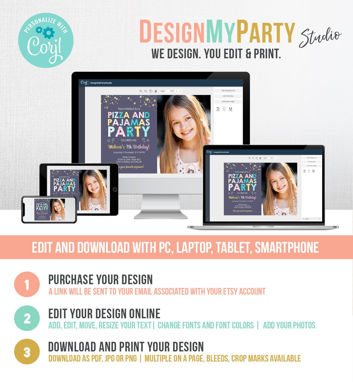 Editable Pizza and Pajamas Birthday Invitation Movie Night Birthday Party Girl Pink Download Printable Corjl Template Digital Printable 0218