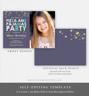 Editable Pizza and Pajamas Birthday Invitation Movie Night Birthday Party Girl Pink Download Printable Corjl Template Digital Printable 0218