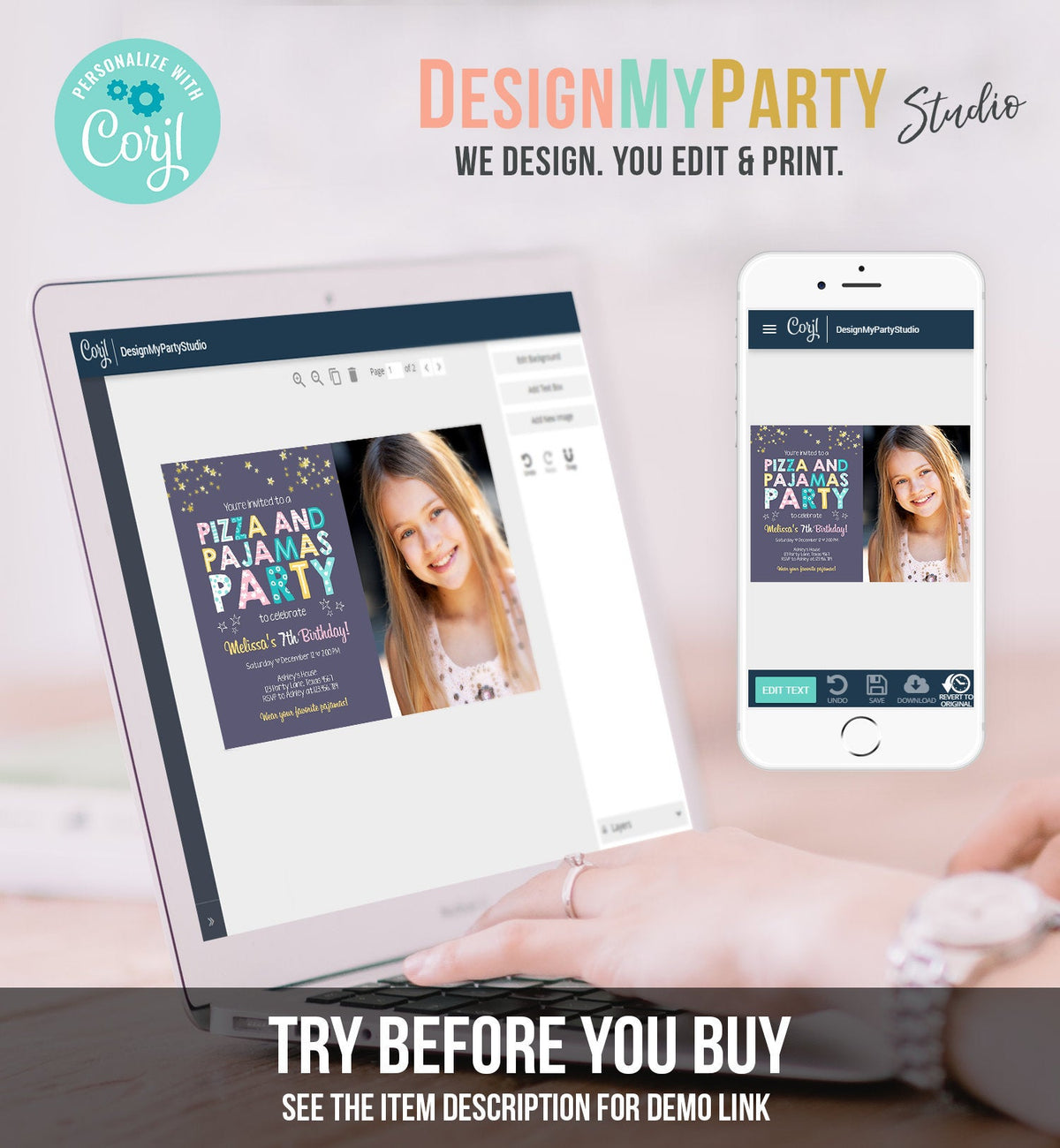 Editable Pizza and Pajamas Birthday Invitation Movie Night Birthday Party Girl Pink Download Printable Corjl Template Digital Printable 0218