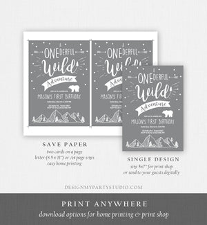 Editable A Onederful Wild Adventure First Birthday Invitation Wild Things Boy Mountains Bear Outdoor Grey Gray Download Corjl Template 0083