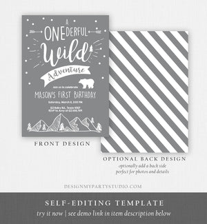 Editable A Onederful Wild Adventure First Birthday Invitation Wild Things Boy Mountains Bear Outdoor Grey Gray Download Corjl Template 0083