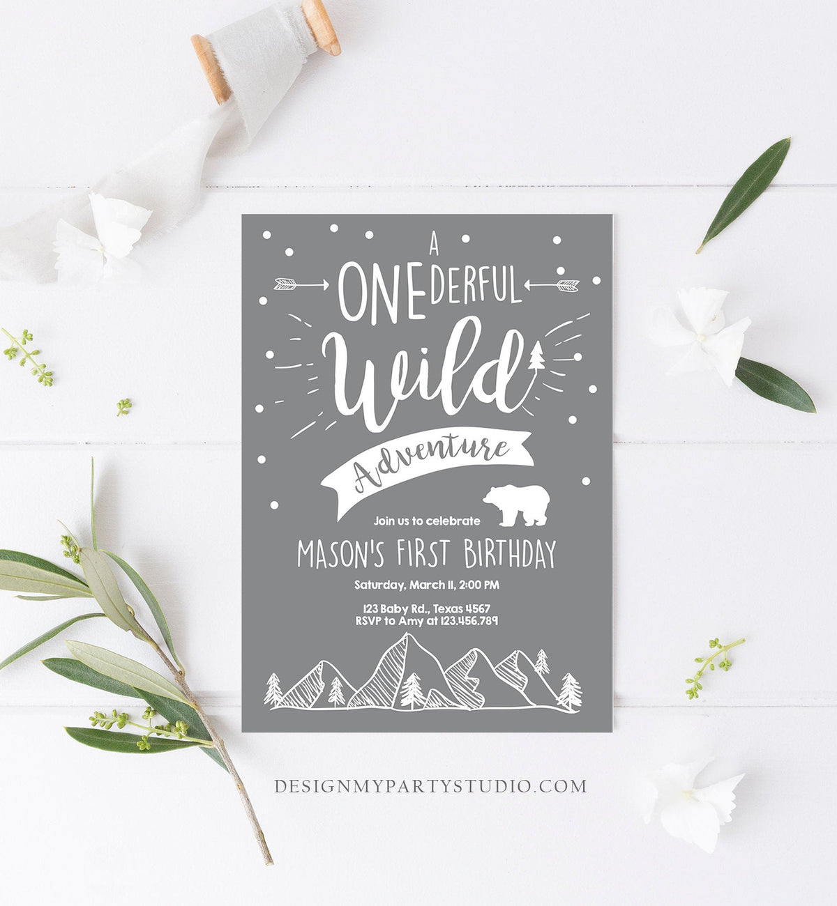 Editable A Onederful Wild Adventure First Birthday Invitation Wild Things Boy Mountains Bear Outdoor Grey Gray Download Corjl Template 0083
