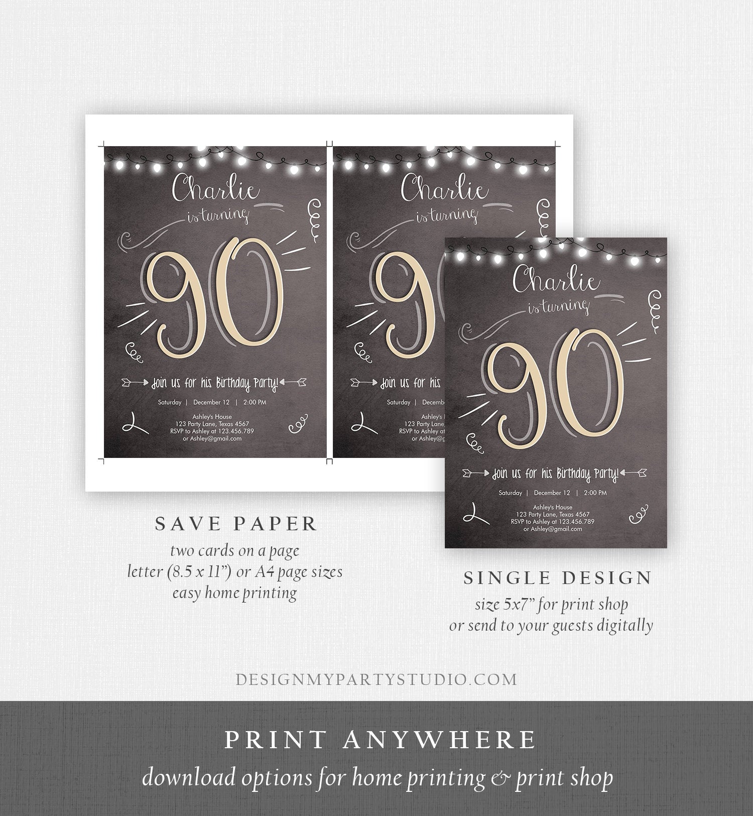 Editable 90th Birthday Invitation Chalkboard Rustic Adult Birthday Inv - Design My Party Studio editable-90th-birthday-invitation-chalkboard-rustic-adult-birthday-inv-design-my-party-studio