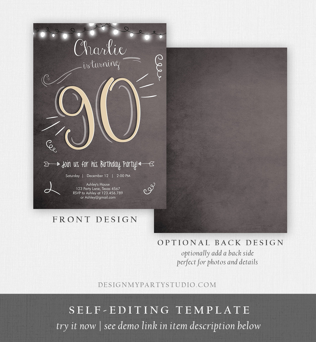 Editable 90th Birthday Invitation Chalkboard Rustic Adult Birthday Invitation Ninety Download Printable Invitation Template Corjl 0230