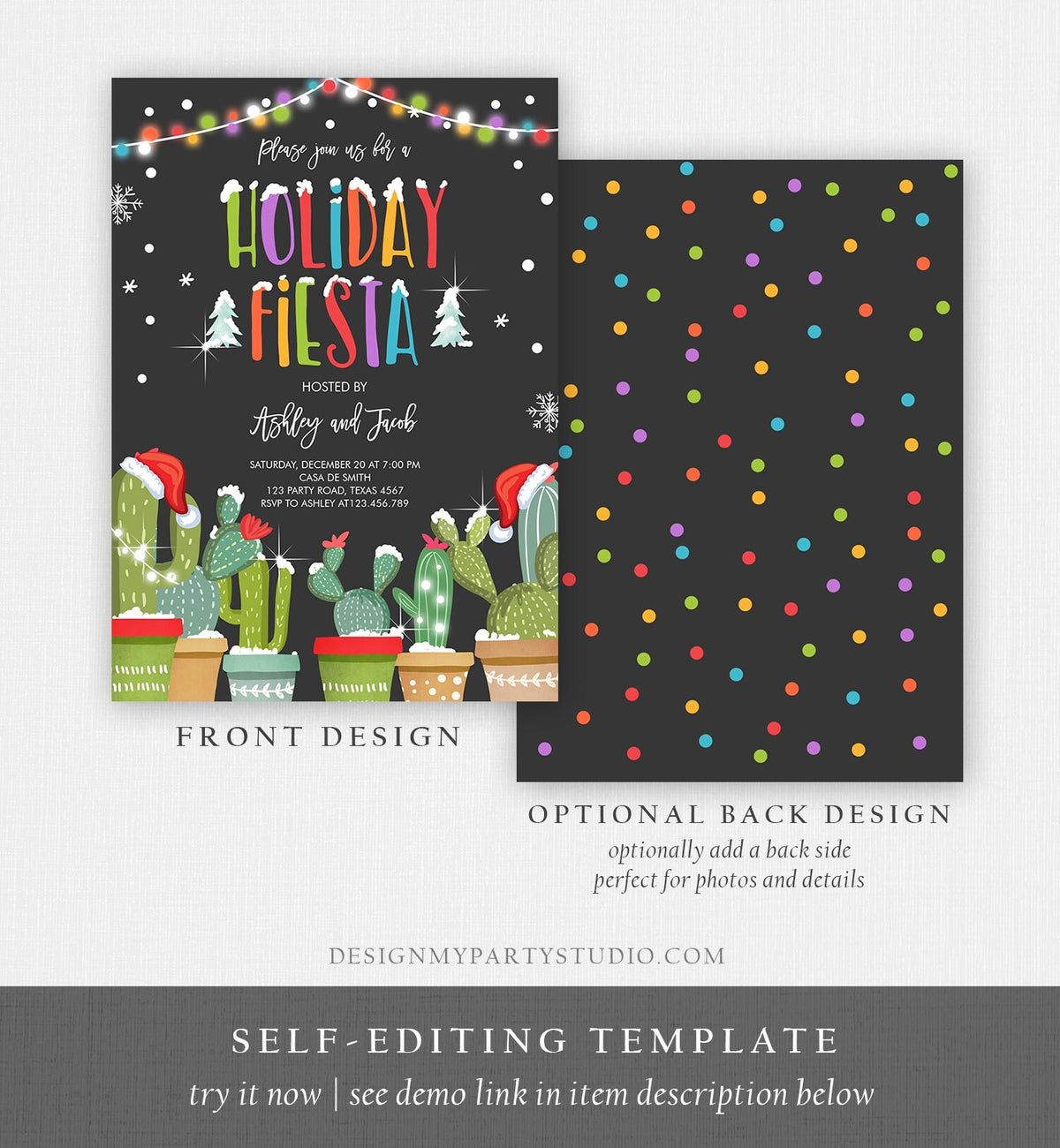 Editable Holiday Fiesta Invitation Xmas Party Invitation Cactus Mexican Holiday Christmas Fiesta Download Printable Corjl Template 0273