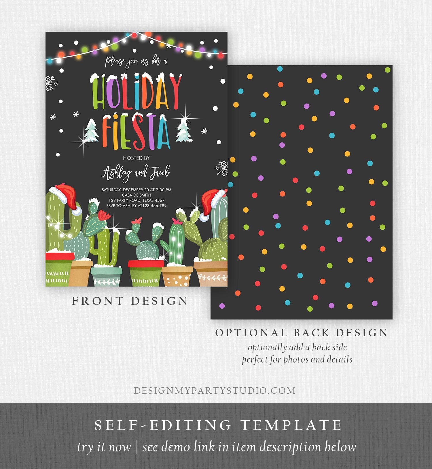 Editable Holiday Fiesta Invitation Xmas Party Invitation Cactus Mexican Holiday Christmas Fiesta Download Printable Corjl Template 0273