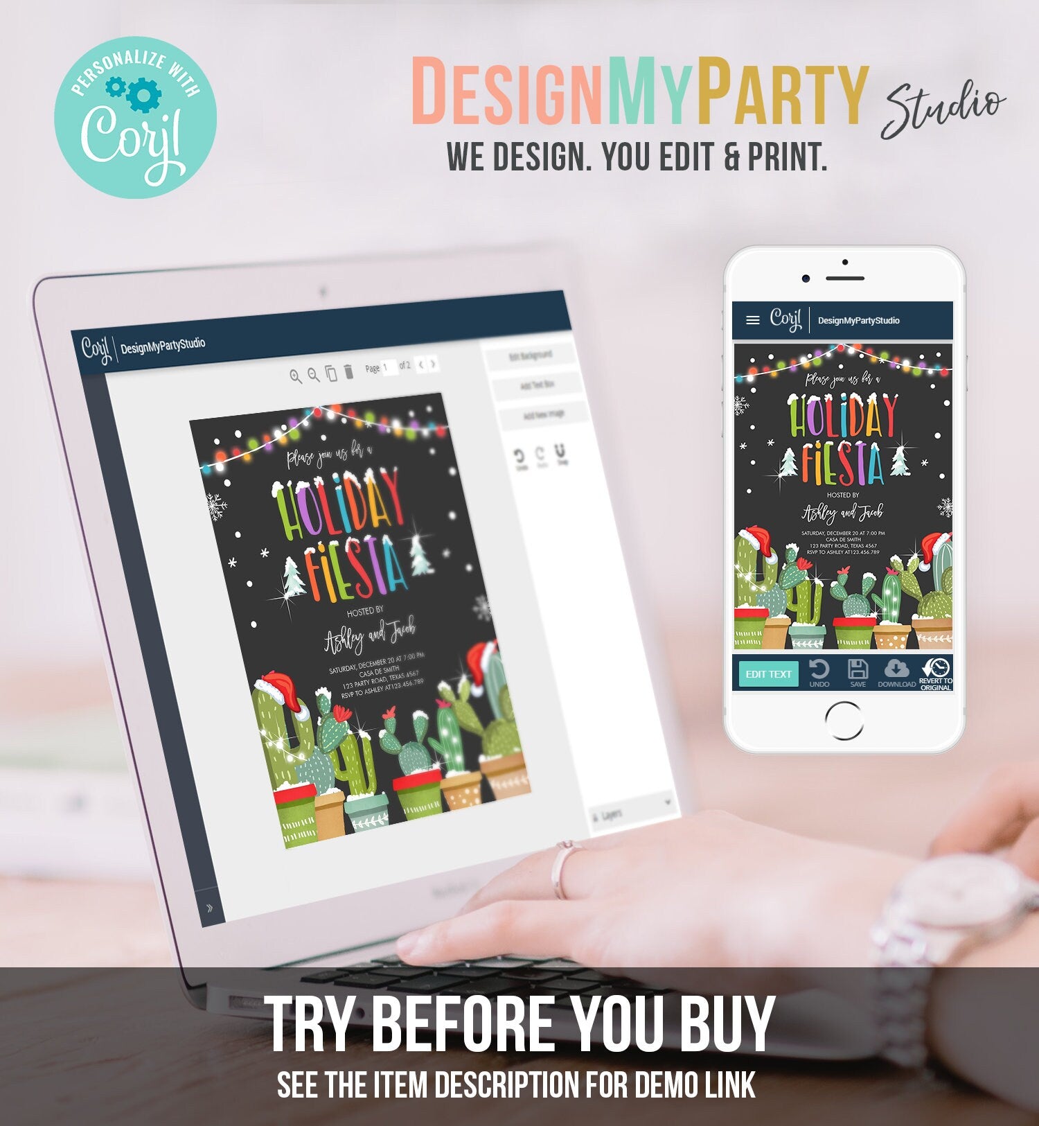 Editable Holiday Fiesta Invitation Xmas Party Invitation Cactus Mexican Holiday Christmas Fiesta Download Printable Corjl Template 0273