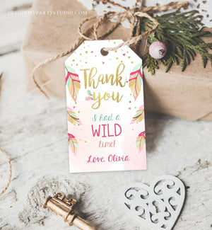 Editable Wild One Favor tags Wild and Three Birthday Thank you tags Label Feathers Gift tags Pink Gold Girl Template PRINTABLE Corjl 0038