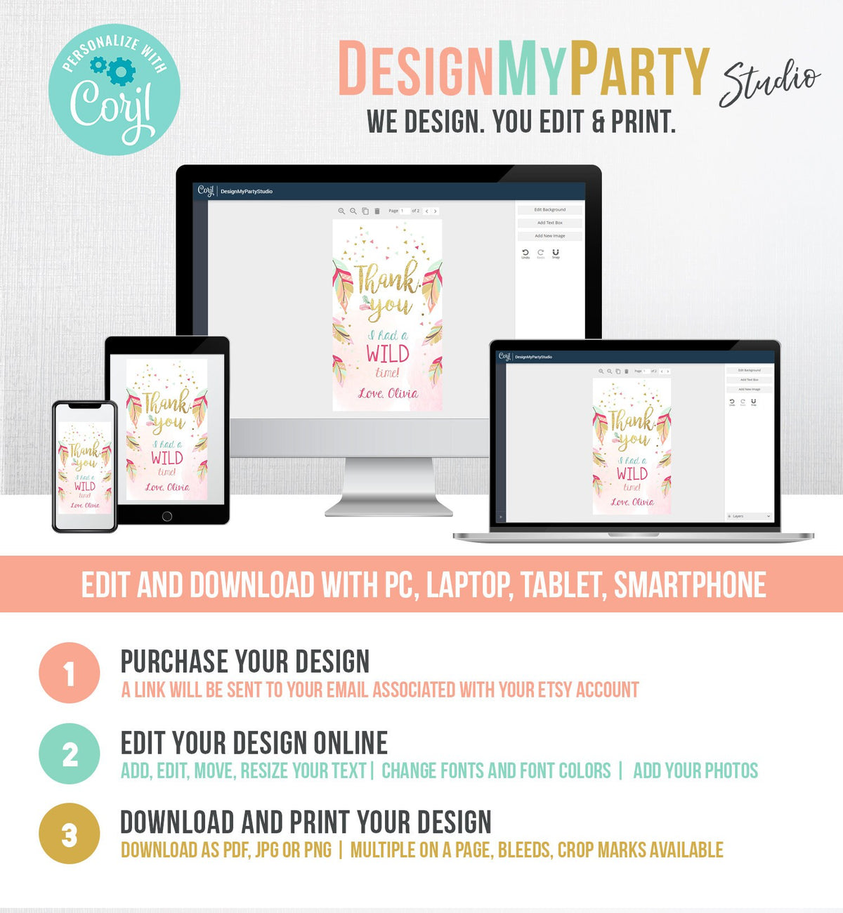 Editable Wild One Favor tags Wild and Three Birthday Thank you tags Label Feathers Gift tags Pink Gold Girl Template PRINTABLE Corjl 0038