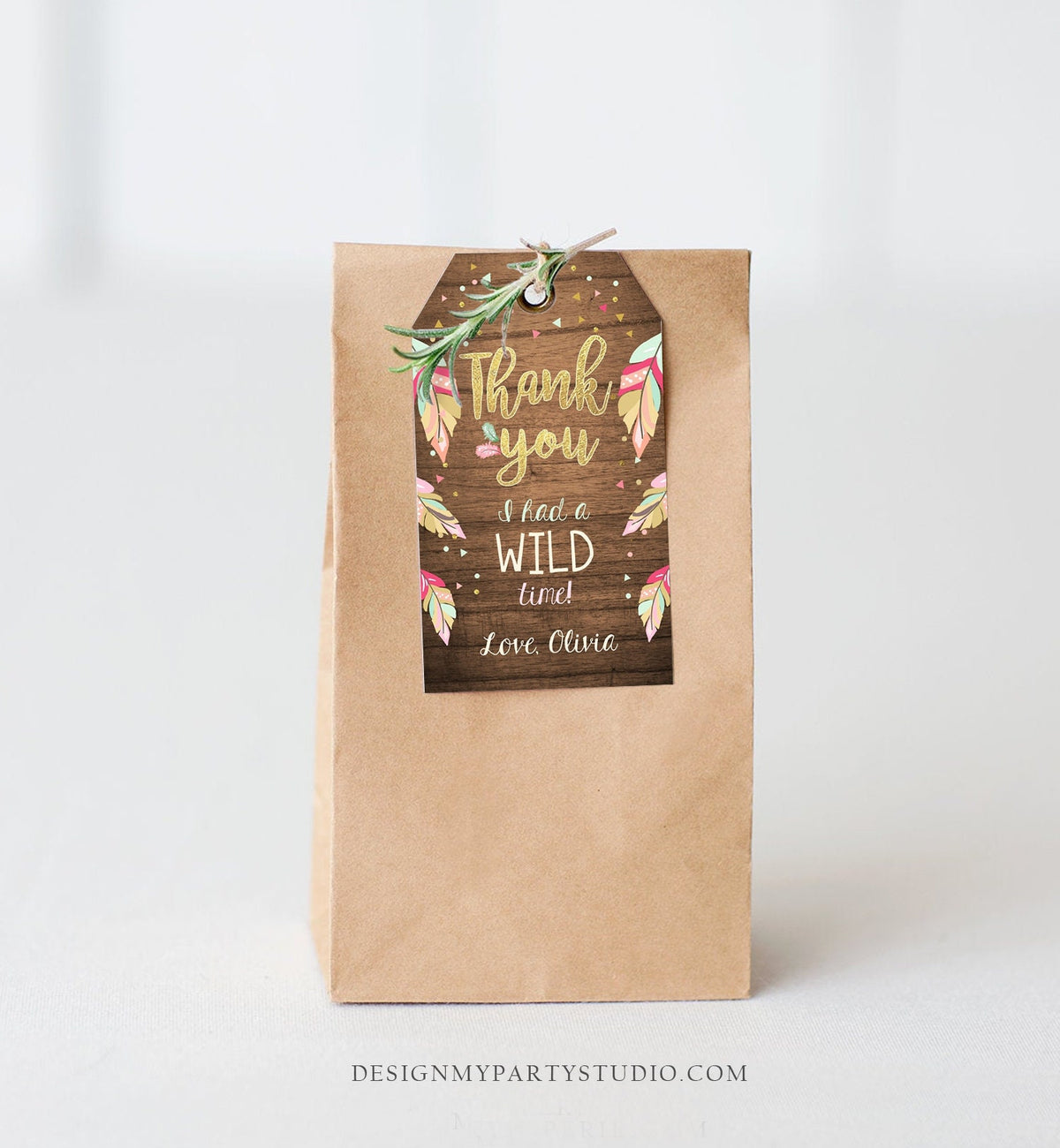 Editable Wild One Favor tags Wild and Three birthday Thank you tags Label Feathers Gift tags Pink Gold Girl Template PRINTABLE Corjl 0038