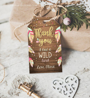 Editable Wild One Favor tags Wild and Three birthday Thank you tags Label Feathers Gift tags Pink Gold Girl Template PRINTABLE Corjl 0038