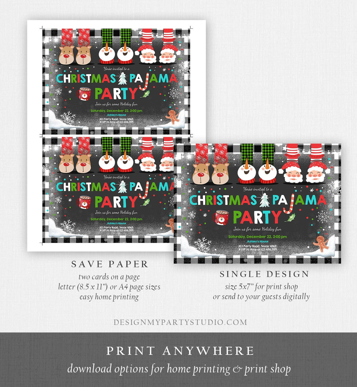 Editable Christmas Pajama Party Christmas Birthday Invitation Pancake Plaid Party Sleepover Download Printable Corjl Template Digital 0274