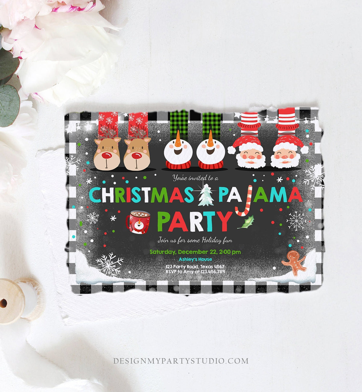 Editable Christmas Pajama Party Christmas Birthday Invitation Pancake Plaid Party Sleepover Download Printable Corjl Template Digital 0274