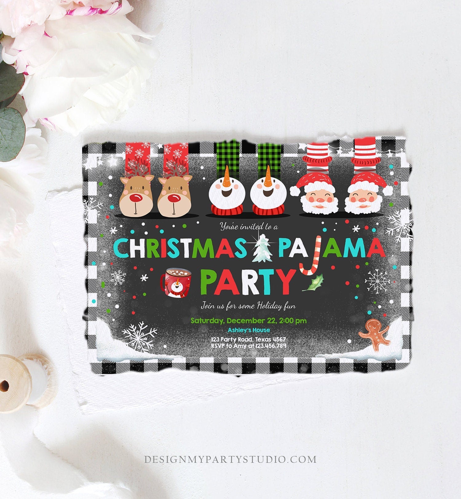 Editable Christmas Pajama Party Christmas Birthday Invitation Pancake Plaid Party Sleepover Download Printable Corjl Template Digital 0274