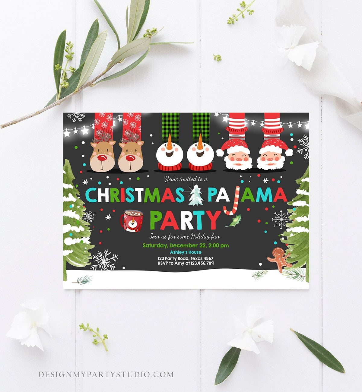 Editable Christmas Pajama Party Christmas Birthday Invitation Pancakes Xmas Party Sleepover Download Printable Corjl Template Digital 0274