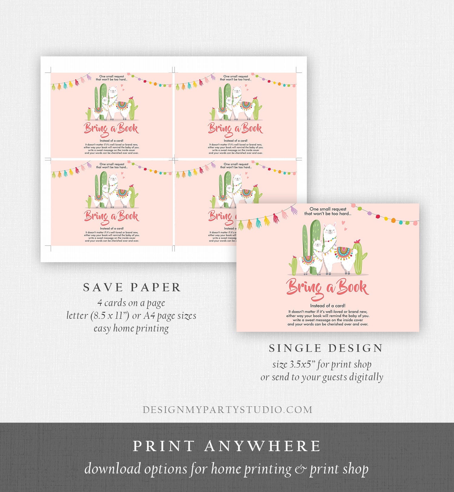Editable Bring a Book Card Llama Girl Baby shower Book insert Books for baby Book Request Fiesta Cactus Pink Template PRINTABLE Corjl 0079