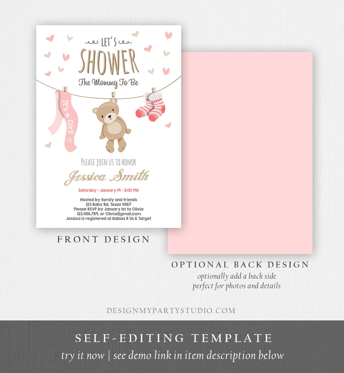 Editable Baby Shower Invitation Teddy Bear Cute Baby Girl Pink Bear Little Cub It&#39;s a Girl Invite Template Instant Download Corjl 0025