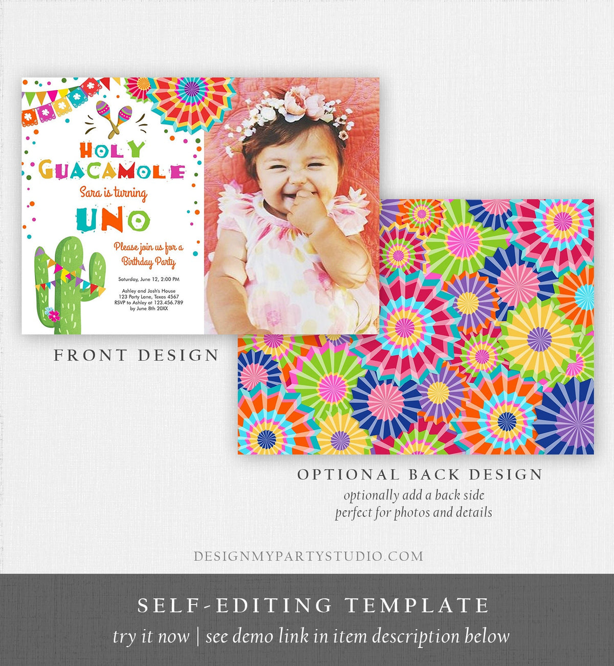 Editable Uno Fiesta Birthday Invitation Holy Guacamole First Birthday 1st Mexican Cactus Primer Cumpleaños Corjl Template Printable 0045