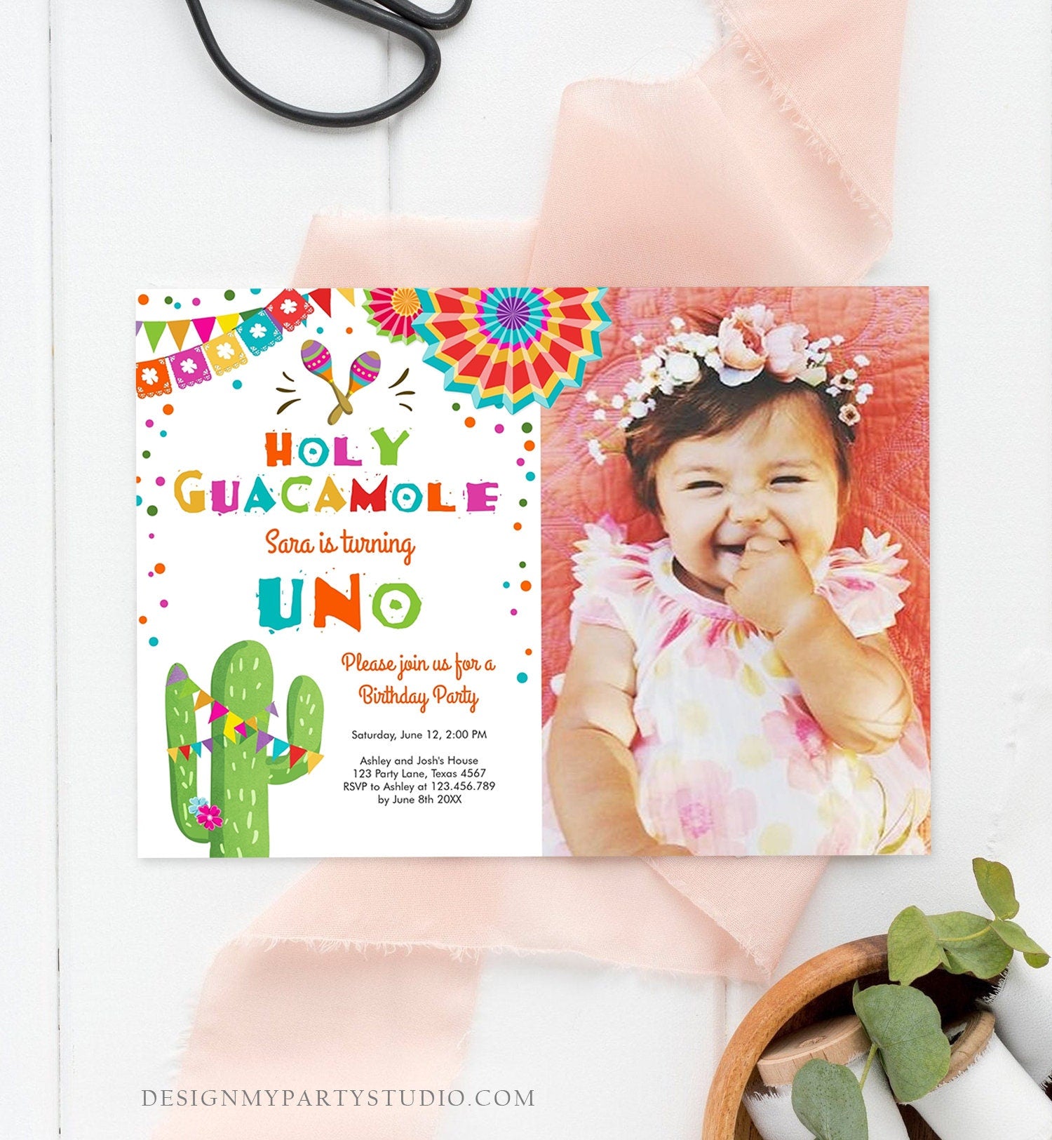 Editable Uno Fiesta Birthday Invitation Holy Guacamole First Birthday 1st Mexican Cactus Primer Cumpleaños Corjl Template Printable 0045