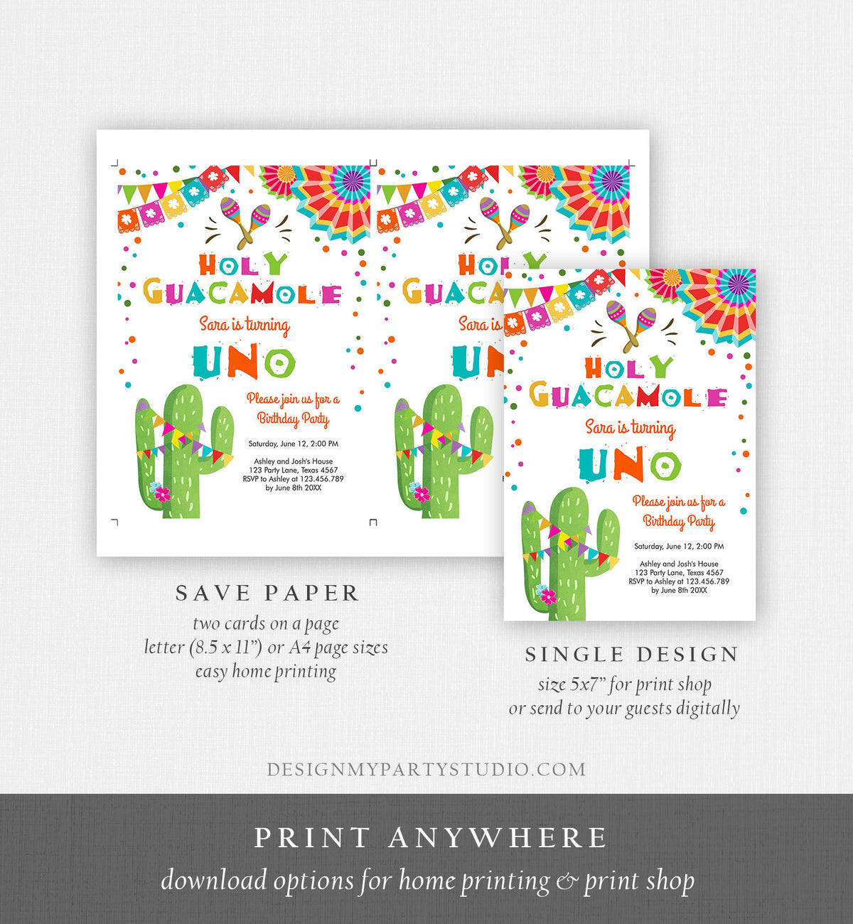 Editable Uno Fiesta Birthday Invitation Holy Guacamole First Birthday 1st Mexican Cactus Primer Cumpleaños Corjl Template Printable 0045