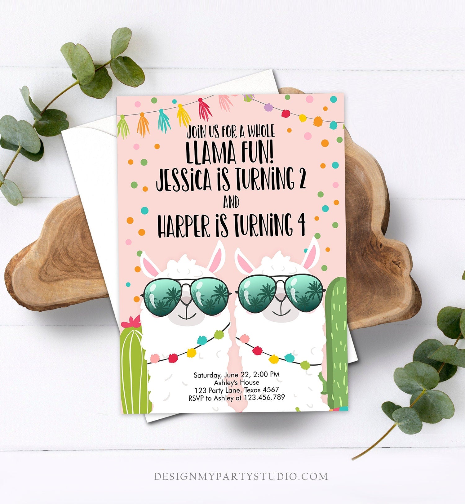 Editable Whole Llama Fun Birthday invitation Twin Llama Cactus Girls Joint Birthday Download Printable Invitation Template Corjl 0079