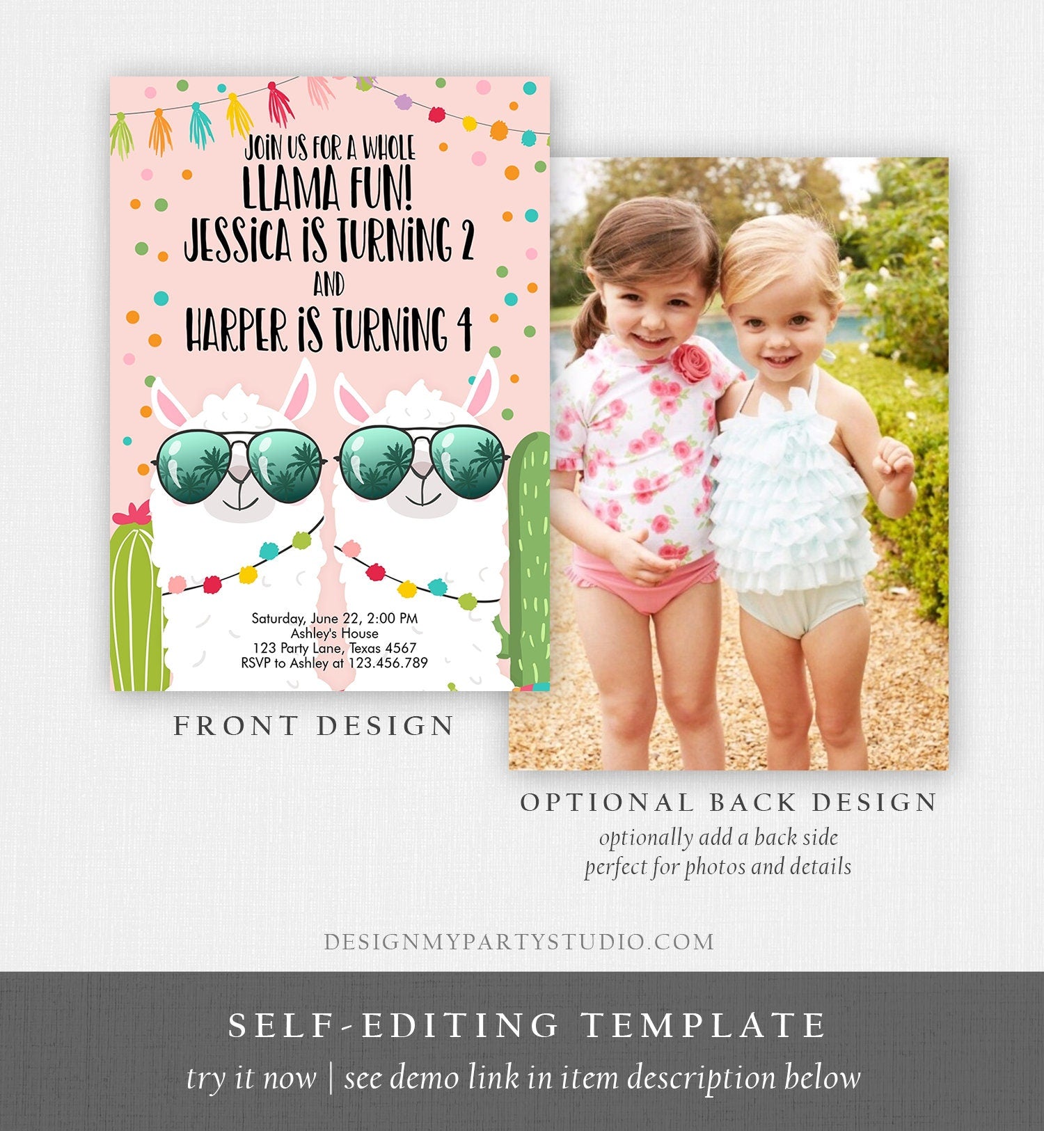 Editable Whole Llama Fun Birthday invitation Twin Llama Cactus Girls Joint Birthday Download Printable Invitation Template Corjl 0079