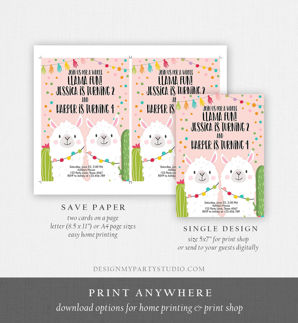 Editable Whole Llama Fun Birthday invitation Twin Llama Cactus Girls Joint Birthday Download Printable Invitation Template Corjl 0079