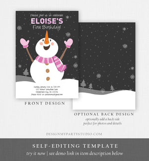 Editable ANY AGE Winter Birthday Invitation First Birthday Snowflake Girl Snowman Instant Download Printable Invite Template Corjl 0022