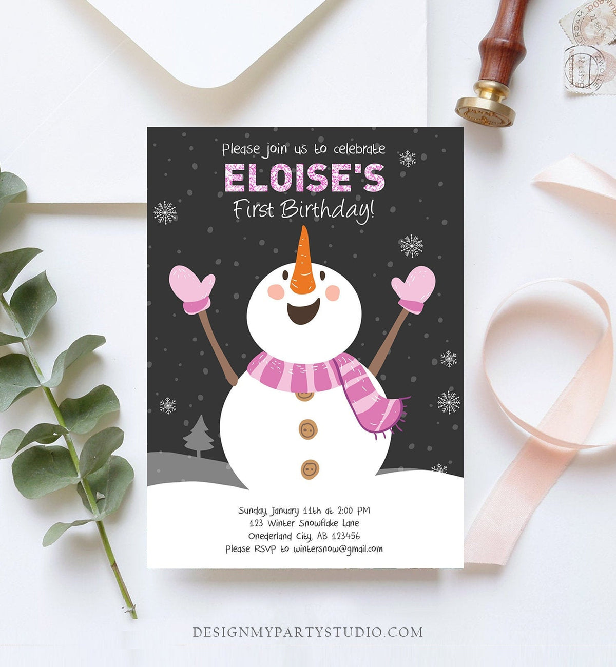 Editable ANY AGE Winter Birthday Invitation First Birthday Snowflake Girl Snowman Instant Download Printable Invite Template Corjl 0022