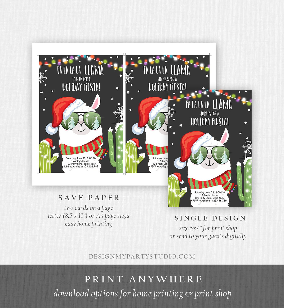 Editable Llama Christmas Party Invitation Cactus Mexican Holiday Fiesta Xmas Fa La La Sweater Party Download Printable Corjl Template 0273