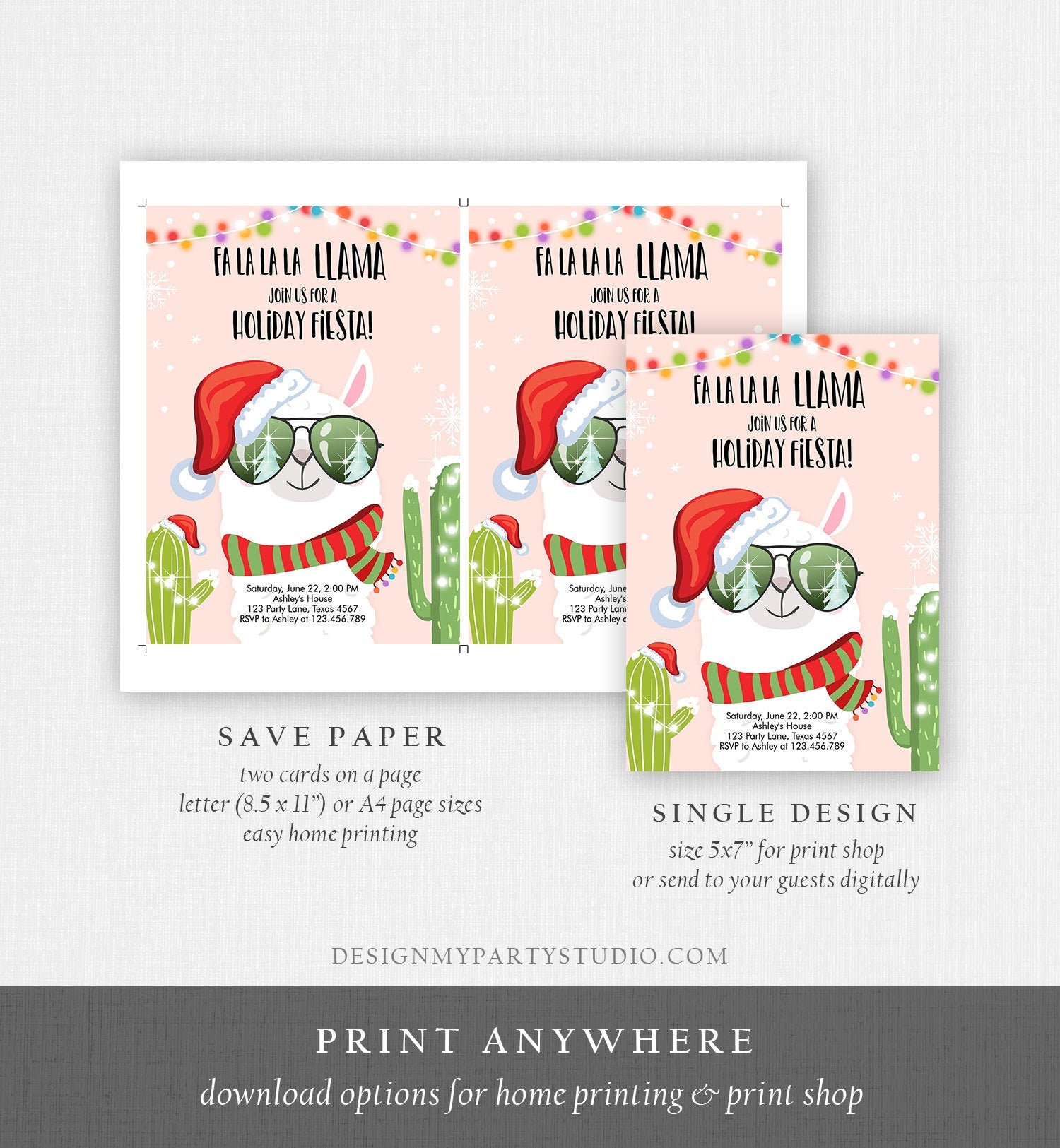 Editable Llama Christmas Party Invitation Cactus Mexican Holiday Fiesta Xmas Fa La La Sweater Party Download Printable Corjl Template 0273