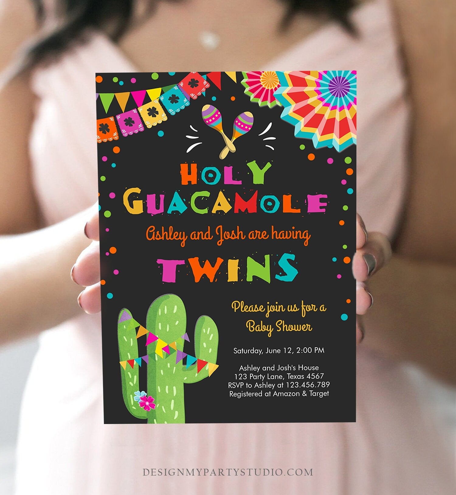 Editable Holy Guacamole Fiesta Baby Shower Invitation Cactus Mexican Succulent Little Señor Senorita on the Way Twins Corjl Template 0045