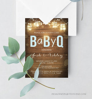 Editable BabyQ Invitation Coed BBQ Baby Shower Rustic Wood Lights Jars Blue Boy Fall Instant Download Printable Template Digital Corjl 0015