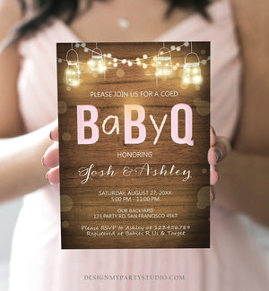 Editable BabyQ Invitation Coed BBQ Baby Shower Rustic Wood Lights Jars Pink Girl Instant Download Printable Template Digital Corjl 0015