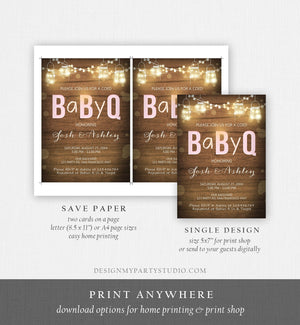 Editable BabyQ Invitation Coed BBQ Baby Shower Rustic Wood Lights Jars Pink Girl Instant Download Printable Template Digital Corjl 0015