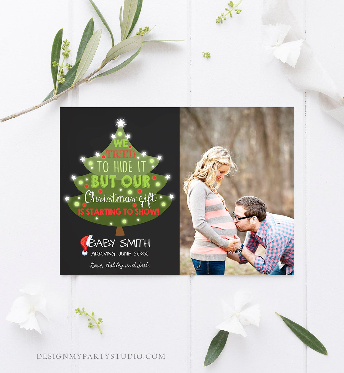 Editable Christmas Pregnancy Announcement Merry Christmas Pregnancy Reveal Tree Grandparents Download Printable Card Template Corjl