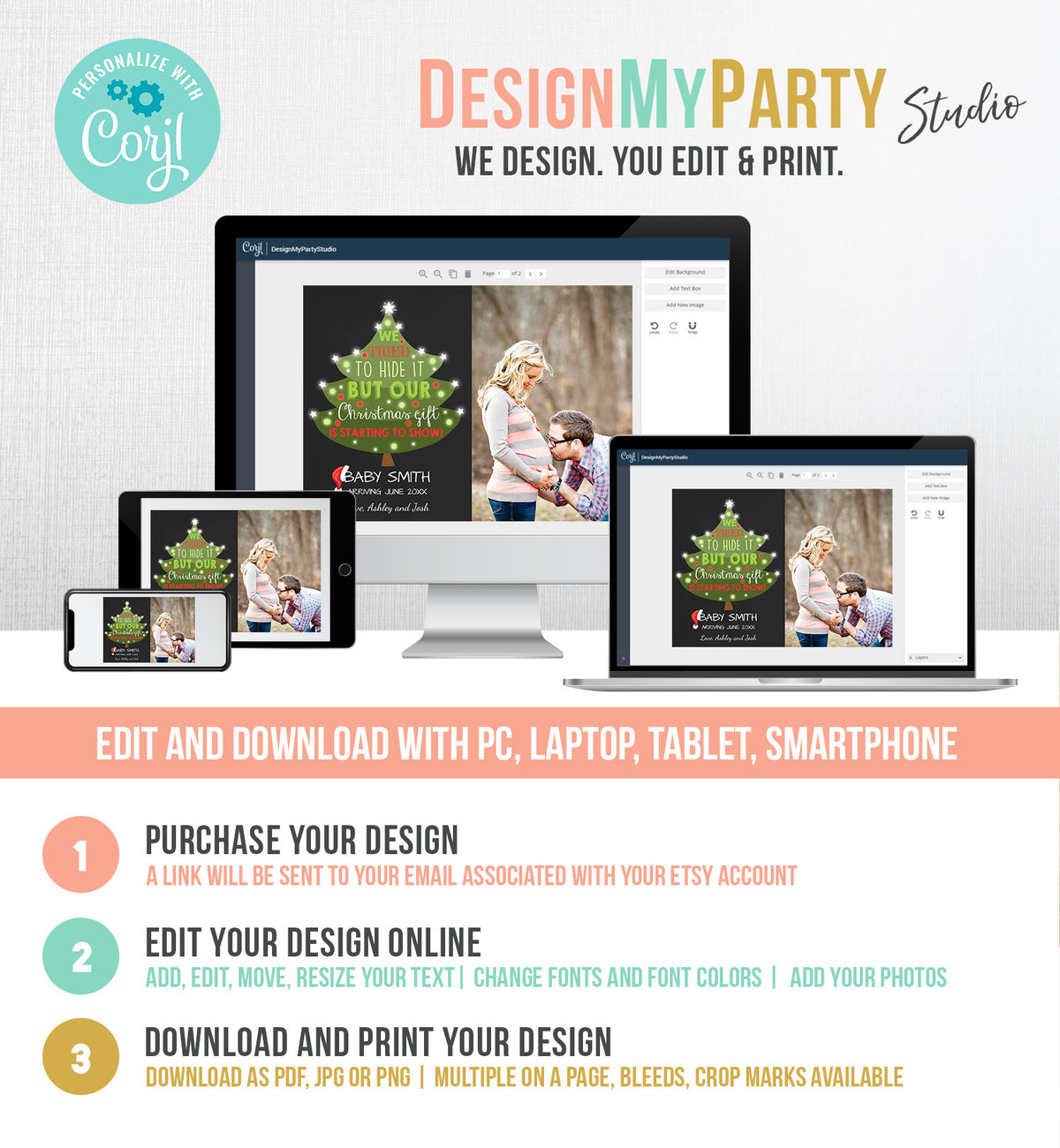 Editable Christmas Pregnancy Announcement Merry Christmas Pregnancy Reveal Tree Grandparents Download Printable Card Template Corjl