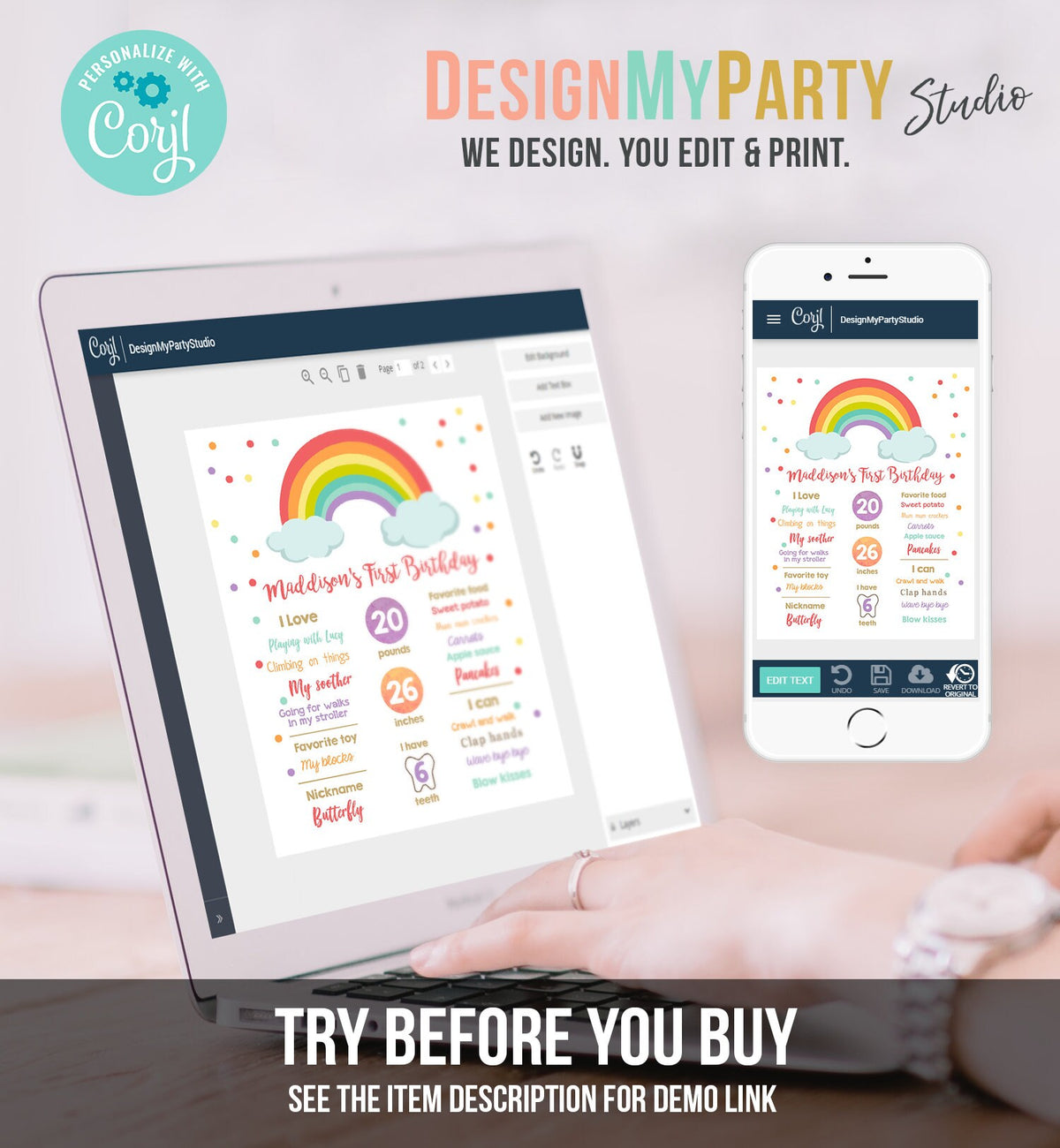 Editable Rainbow Birthday Milestones Sign Confetti Rainbow Colors First Birthday 1st Colorful Girl Download Corjl Template Printable 0233