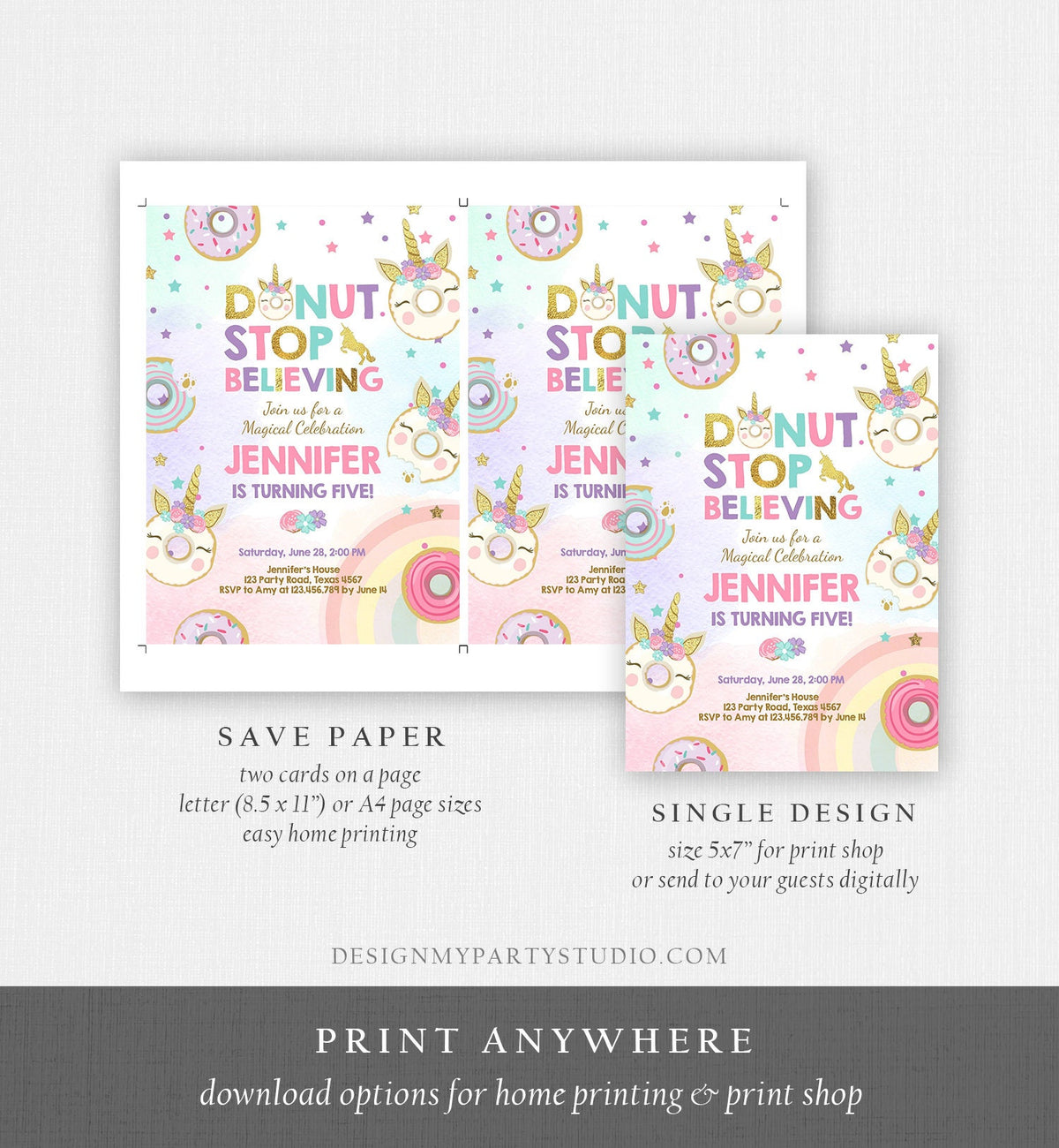 Editable Unicorn Donut Birthday Invitation Donut Stop Believing Magical Rainbow Girl Pink Purple Gold Glitter Printable Corjl Template 0041