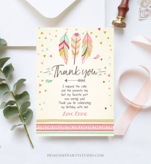 Editable Thank You Card Wild One Thank you Note Wild And Three Feathers Pink and Gold Girl Download Printable Template Corjl Digital 0073