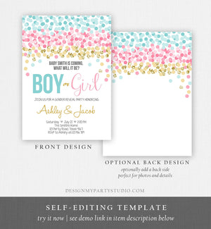 Editable Gender Reveal Invitation Confetti Blue or Pink Gold Boy or Girl He or She Rustic Instant Download Printable Template Corjl 0133