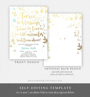 Editable Twin Baby Shower Invitation Twin Boys Blue Gold Blessings Rustic Modern Floral Twin Shower Invitation Template Download Corjl 0285
