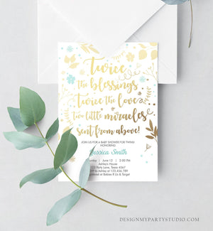 Editable Twin Baby Shower Invitation Twin Boys Blue Gold Blessings Rustic Modern Floral Twin Shower Invitation Template Download Corjl 0285