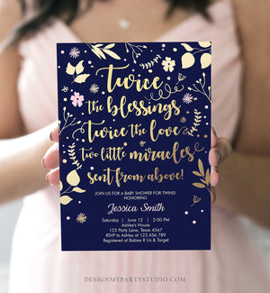 Editable Twin Baby Shower Invitation Twin Girls Gold Pink Blessings Rustic Modern Floral Girls Baby Shower Template Download Corjl 0285