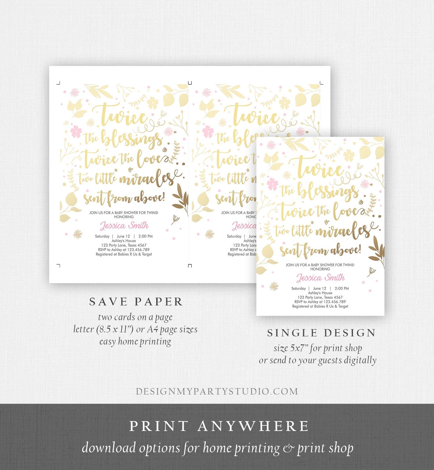 Editable Twin Baby Shower Invitation Twin Girls Gold Pink Blessings Rustic Modern Floral Girls Baby Shower Template Download Corjl 0285