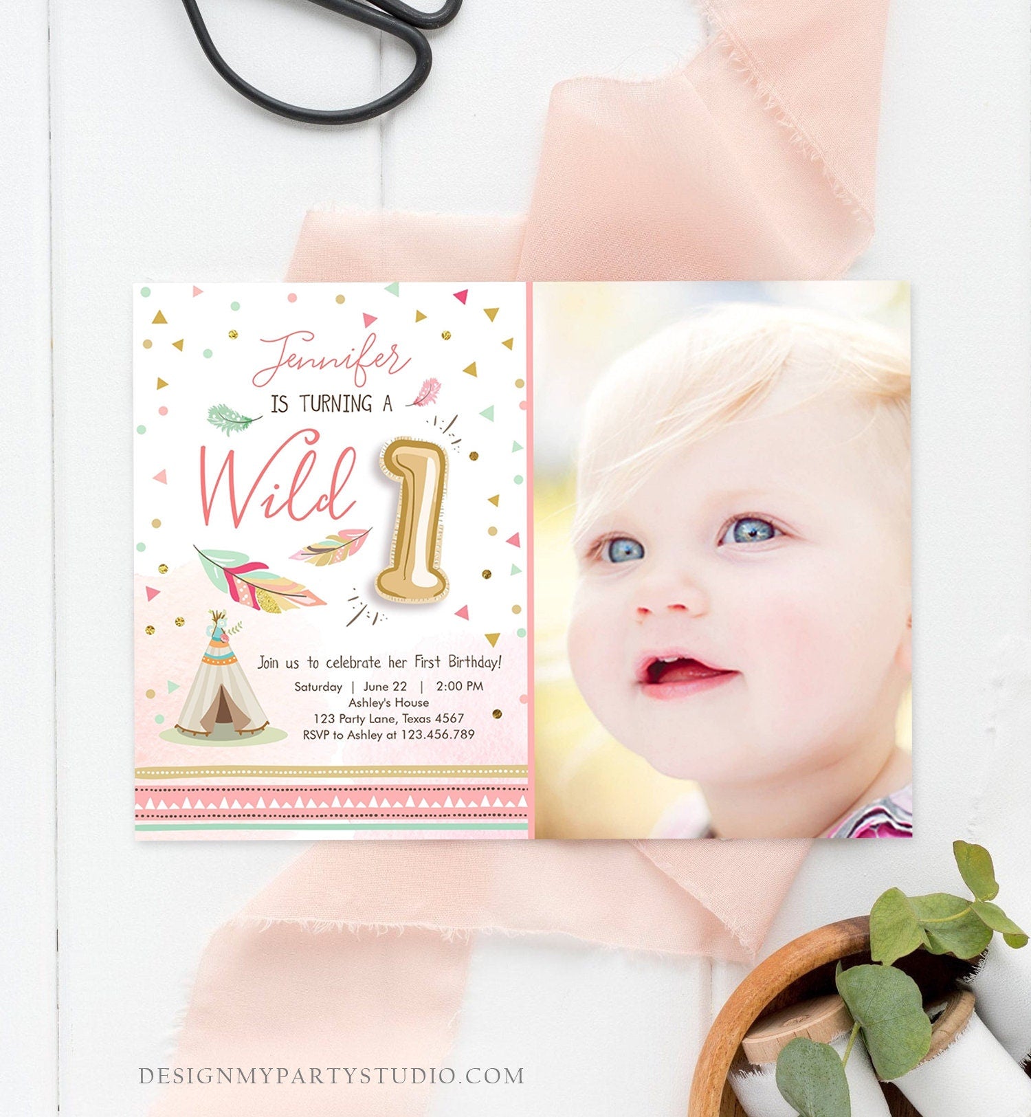 Editable Wild One Birthday Invitation Girl First Birthday Boho Feathers Pink Mint Teepee Download Printable Template Digital Corjl 0073