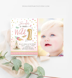 Editable Wild One Birthday Invitation Girl First Birthday Boho Feathers Pink Mint Teepee Download Printable Template Digital Corjl 0073