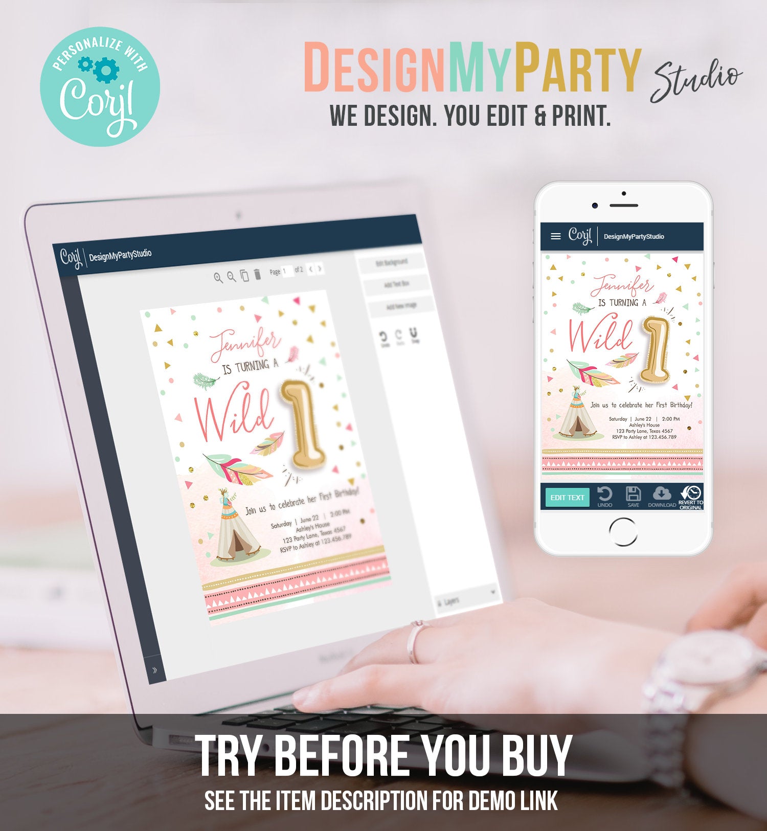 Editable Wild One Birthday Invitation Girl First Birthday Boho Feathers Pink Mint Teepee Download Printable Template Digital Corjl 0073