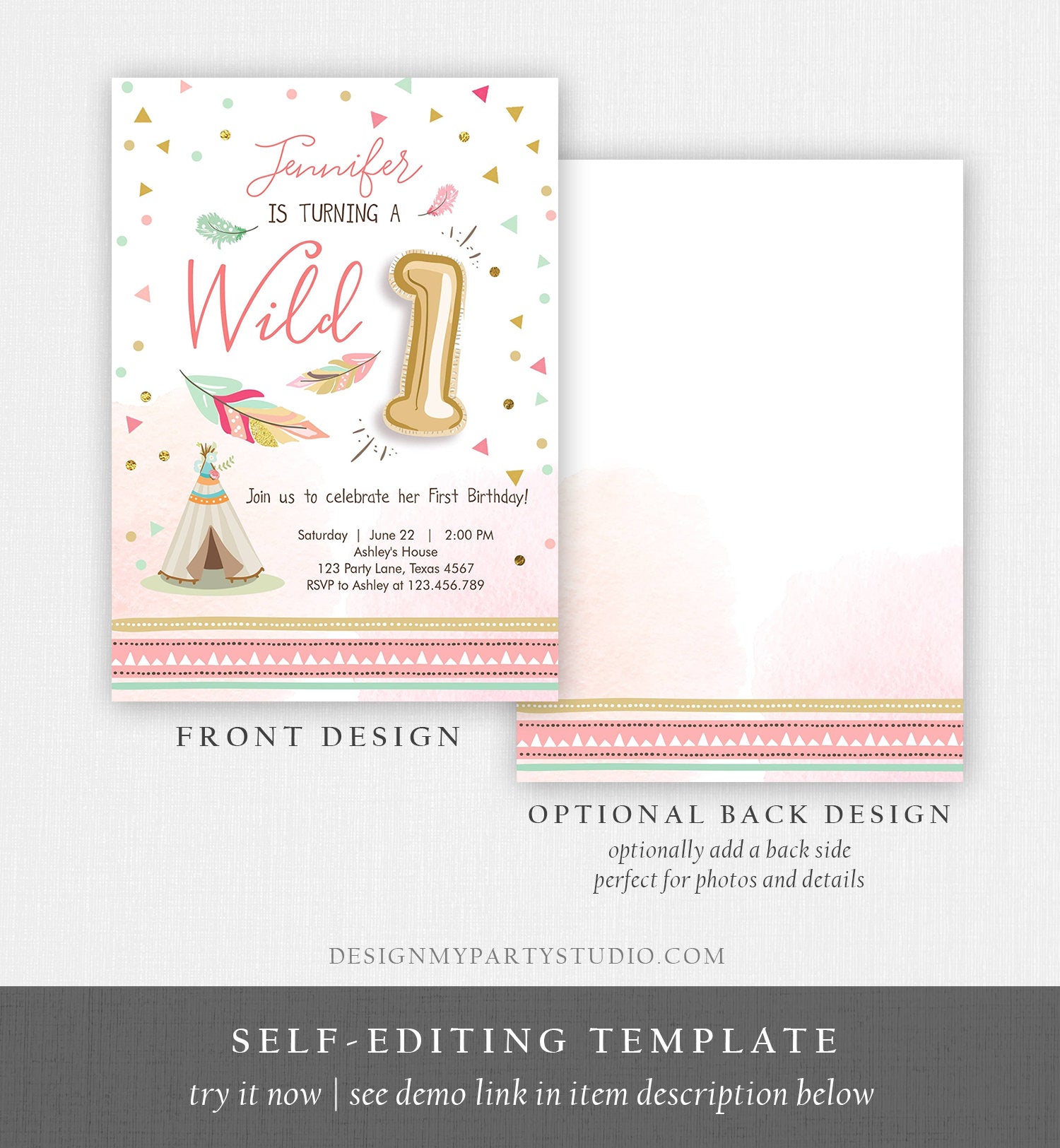 Editable Wild One Birthday Invitation Girl First Birthday Boho Feathers Pink Mint Teepee Download Printable Template Digital Corjl 0073