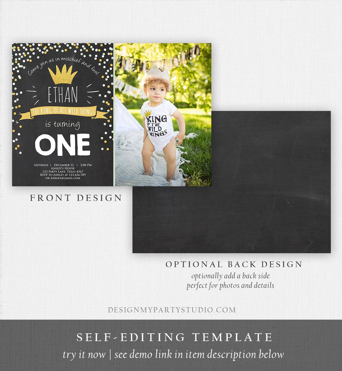 Editable Birthday Invitation Wild One Black Gold Wild Things Boy First Birthday Crown Download Printable Invitation Template Corjl 0099